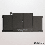 Professional high-capacity replacement MacBook battery featuring a multi-cell lithium-polymer design, isolated on the Atlantis signature white and grey studio background.