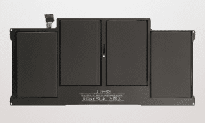 Professional high-capacity replacement MacBook battery featuring a multi-cell lithium-polymer design, isolated on the Atlantis signature white and grey studio background.