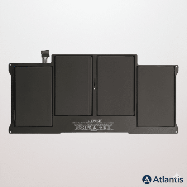 Professional high-capacity replacement MacBook battery featuring a multi-cell lithium-polymer design, isolated on the Atlantis signature white and grey studio background.