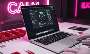 Close-up of a MacBook Pro fan being removed with red tools in the Atlantis workshop.
