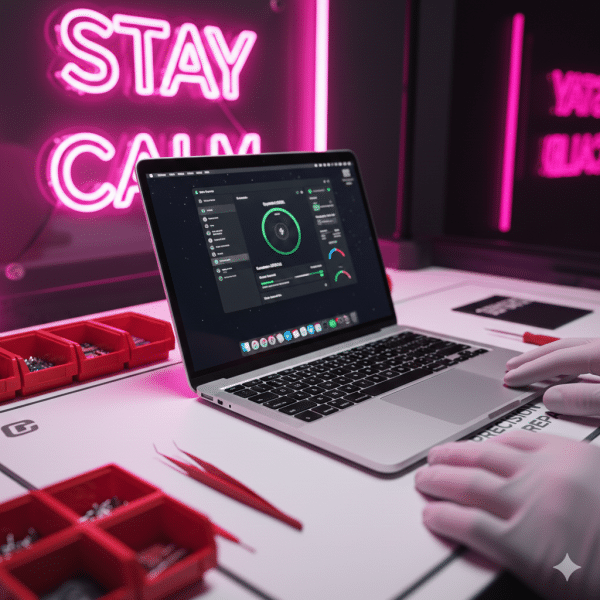 Close-up of a MacBook Pro fan being removed with red tools in the Atlantis workshop.