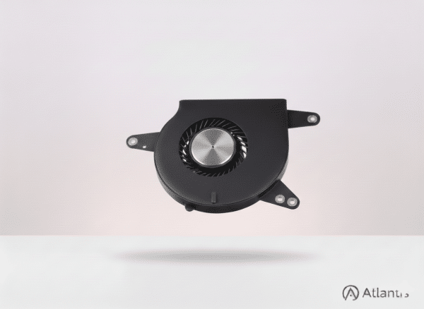 Replacement MacBook cooling fan component on a professional white and grey studio background, representing the Atlantis MacBook fan repair service.