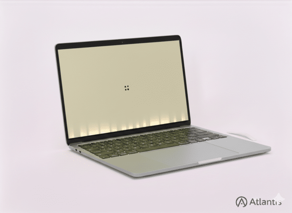 MacBook Pro display showing the Flexgate stage light effect at the bottom of the screen, professionally repaired by Atlantis with a 1-year warranty