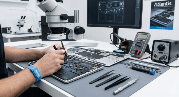 Professional Atlantis technician performing advanced diagnostic and component-level repair on a disassembled MacBook Air logic board using a microscope and specialised tools.