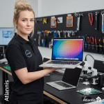 Professional Atlantis female technician holding a repaired MacBook Air in a specialist UK workshop, featuring microsoldering equipment and logic board diagnostic tools in the background.