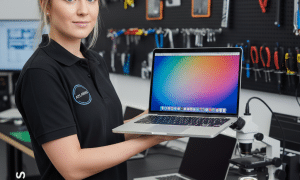 Professional Atlantis female technician holding a repaired MacBook Air in a specialist UK workshop, featuring microsoldering equipment and logic board diagnostic tools in the background.