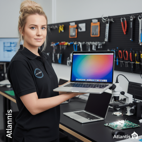 Professional Atlantis female technician holding a repaired MacBook Air in a specialist UK workshop, featuring microsoldering equipment and logic board diagnostic tools in the background.