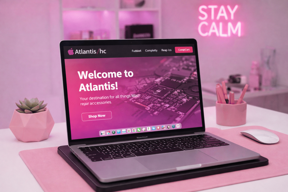 MacBook fan repair in a UK workshop with pink Atlantis theme, showing a MacBook on a repair mat in a professional setup.