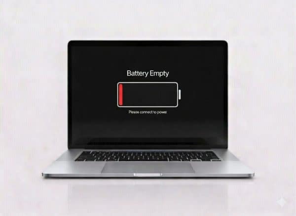 Front-view of a MacBook Pro displaying a "Battery Empty - Please connect to power" warning, signifying the need for a professional battery replacement at Atlantis.
