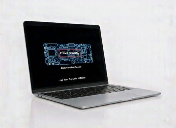 A professional view of a silver MacBook Air displaying a "Motherboard Fault Detected" diagnostic error with a logic board schematic, representing specialist motherboard repair services at Atlantis.