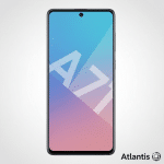 Genuine Samsung Galaxy A71 (SM-A715) diagnostic display showcasing the front screen and camera layout, isolated on the Atlantis signature white and grey studio background.