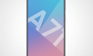Genuine Samsung Galaxy A71 (SM-A715) diagnostic display showcasing the front screen and camera layout, isolated on the Atlantis signature white and grey studio background.