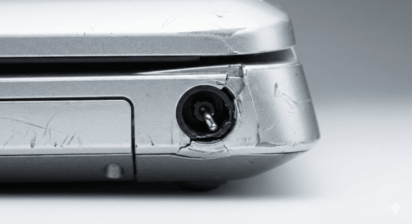 Close-up technical view of a broken DC charging port on a silver Sony Vaio laptop, showing a bent internal pin and cracked casing, isolated on the Atlantis signature studio background.