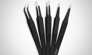 Professional 6-piece anti-static ESD electronic tweezer set for micro-soldering and precision phone repair, isolated on the Atlantis signature white and grey studio background.