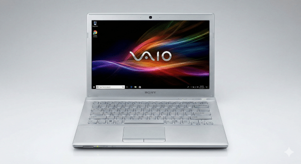 Professional photograph of a fully functional silver Sony Vaio laptop after repair, displaying a vibrant colorful wallpaper on a clean screen, isolated on the Atlantis graduated studio background.