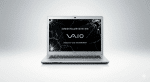 Front-on view of a silver Sony Vaio laptop with a shattered display and "Screen Failure Detected" error message, isolated on the Atlantis signature white and grey studio background.