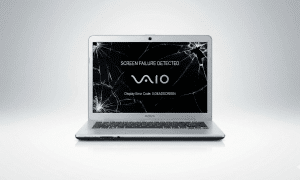 Front-on view of a silver Sony Vaio laptop with a shattered display and "Screen Failure Detected" error message, isolated on the Atlantis signature white and grey studio background.