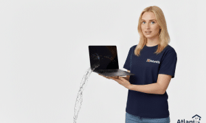 A concerned Atlantis technician holding a MacBook Air with water visibly pouring from the display, illustrating the urgent need for specialist liquid damage repair services on a clean studio background.