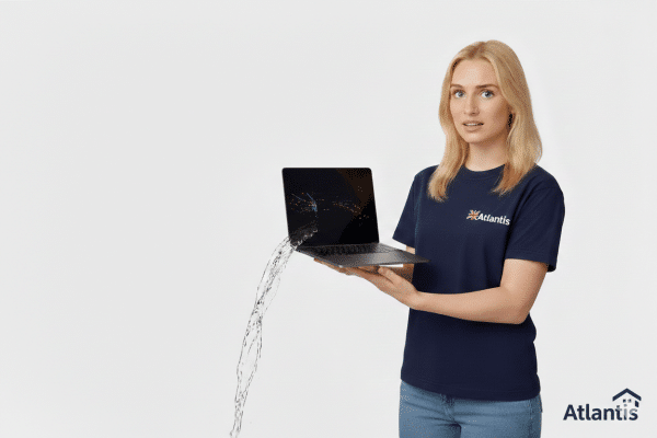 A concerned Atlantis technician holding a MacBook Air with water visibly pouring from the display, illustrating the urgent need for specialist liquid damage repair services on a clean studio background.