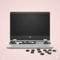 Professional 1:1 square studio photograph of a silver HP laptop with several missing keys on the keyboard and loose keycaps resting on the light pink surface for Atlantis keyboard repair services
