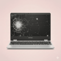 Professional 1:1 square studio photograph of a silver Lenovo laptop featuring a heavily cracked and shattered screen, set against a solid light pink background for Atlantis laptop screen repair services.