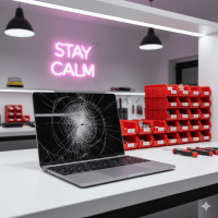 A silver MacBook with a shattered screen on a white repair workbench in the Atlantis workshop with "Stay Calm" neon sign.