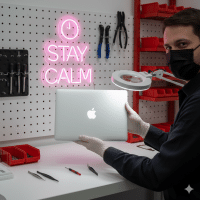 An expert technician at Atlantis holding a repaired, closed silver MacBook in a professional workshop setting.