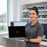 Lead technician Atlantis in a branded grey Atlantis polo shirt holding a Dell XPS laptop with a black screen in a professional UK workshop