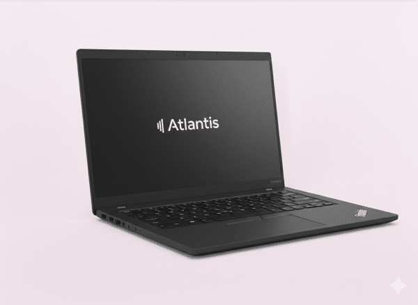 Professional Lenovo ThinkPad laptop on a clean white background featuring the Atlantis brand logo on the screen, representing high-quality repair standard