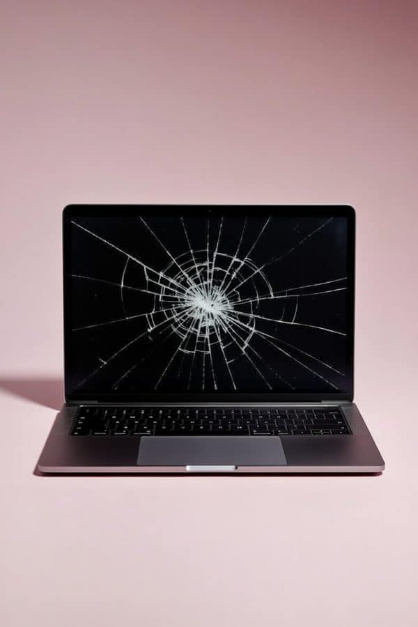 Professional front-facing view of a MacBook Pro with a severely cracked and shattered Retina display, isolated on a clean studio background to illustrate professional screen replacement services.