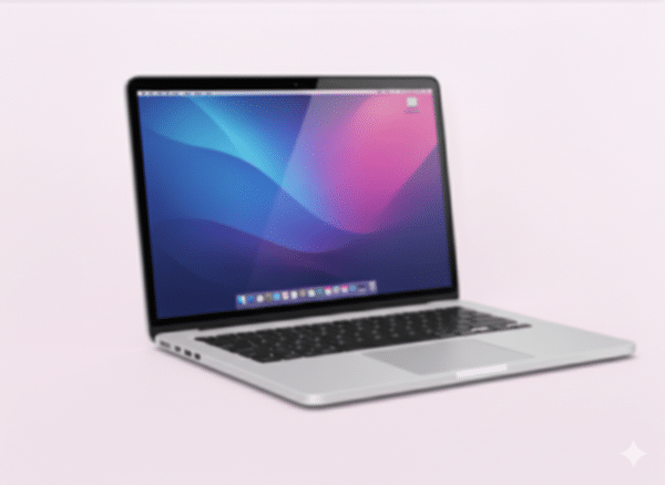 A sleek, silver Apple MacBook laptop open and viewed from a side angle, displaying a vibrant blue and purple macOS wallpaper on a high-definition screen.