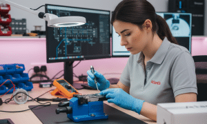 Professional technician in an Atlantis-branded polo shirt performing precision motherboard repair on a smartphone using a microscope and specialised tools.
