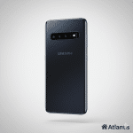 Professional rear-view diagnostic of the Samsung Galaxy S10 in Prism Black, highlighting the horizontal triple-camera array and glass back, isolated on the Atlantis signature white and grey studio background.