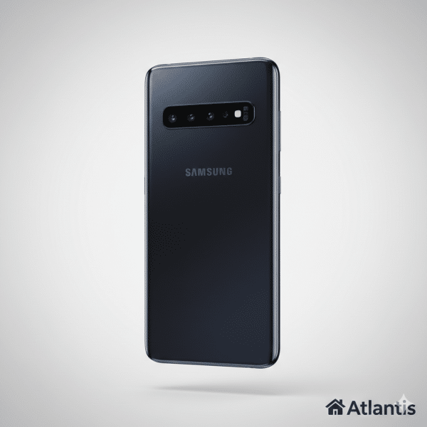 Professional rear-view diagnostic of the Samsung Galaxy S10 in Prism Black, highlighting the horizontal triple-camera array and glass back, isolated on the Atlantis signature white and grey studio background.