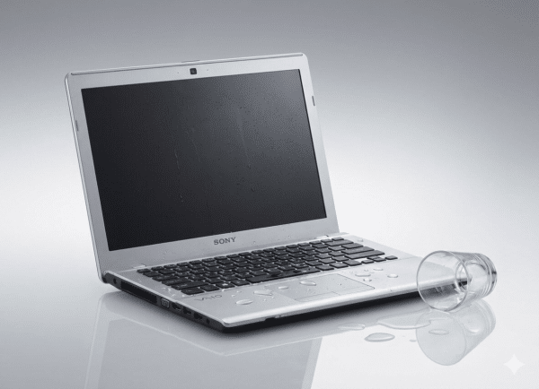 Professional studio photograph of a silver Sony Vaio laptop with water droplets on the screen and keyboard, next to a tipped-over glass of water, illustrating liquid damage repair services at Atlantis.