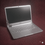 A close-up of a high-torque steel hinge being professionally realigned and anchored into an Acer laptop chassis, shown on a solid light pink background for Atlantis repair services.