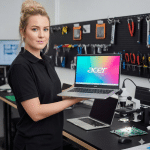 A professional technician using a microscope to identify and remove corrosion from an Acer Nitro motherboard after a liquid spill, shown on a solid light pink background for Atlantis repair services.