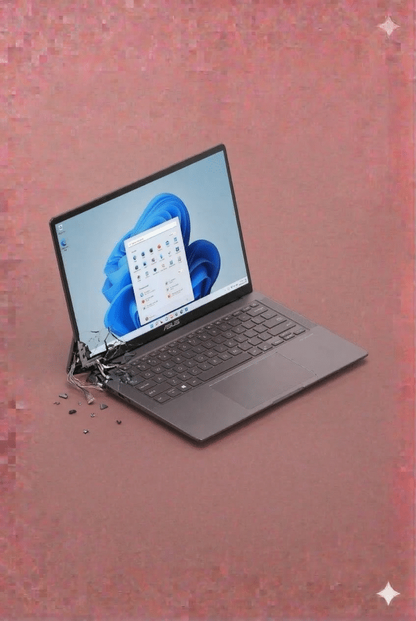 A replacement heavy-duty steel hinge and reinforced lid mounting bracket for an Asus ZenBook, displayed on a solid light pink background for Atlantis UK-wide repair services.