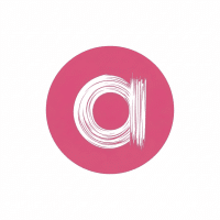 Minimalist website favicon with a circular pink background (#e5567b) and a hand-painted, white lowercase 'a' in the center.