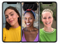 Three iPhone smartphones showing vibrant, high-definition portrait photos of people, demonstrating professional iPhone screen and display repair quality at Atlantis Laptop Repairs.