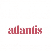 Atlantis text logo in pink.