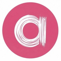 Minimalist website favicon with a circular pink background (#e5567b) and a hand-painted, white lowercase 'a' in the center.