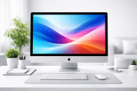 A professional technician performing an internal SSD upgrade and thermal cleaning on a 27-inch Apple iMac, shown on a solid light pink background for Atlantis iMac repair Canterbury.