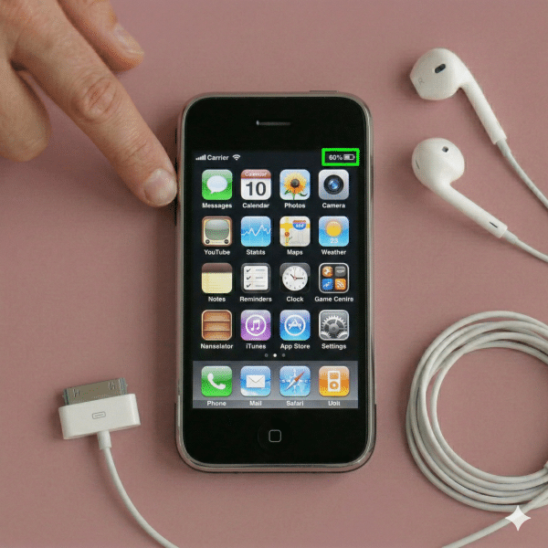 Close-up of a high-quality internal replacement lithium-ion battery for the iPhone 3G and 3GS, positioned on a solid light pink background for Atlantis repair services.