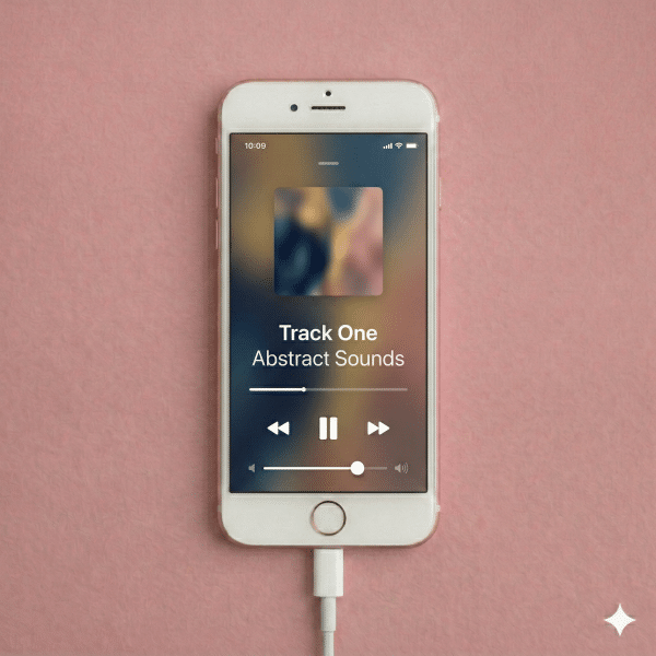 Close-up of the rear camera lens and bottom speaker grilles on an Apple iPhone 7 and 8 Plus, set against a solid light pink background for Atlantis repair services.