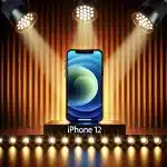 A visually appealing image optimized for an online store showing an iPhone 12 with its screen illuminated by stage lights. The iPhone 12 is prominent on the stage