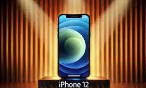 A visually appealing image optimized for an online store showing an iPhone 12 with its screen illuminated by stage lights. The iPhone 12 is prominent on the stage