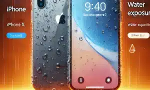 An iPhone X in the rain, indicating water exposure.