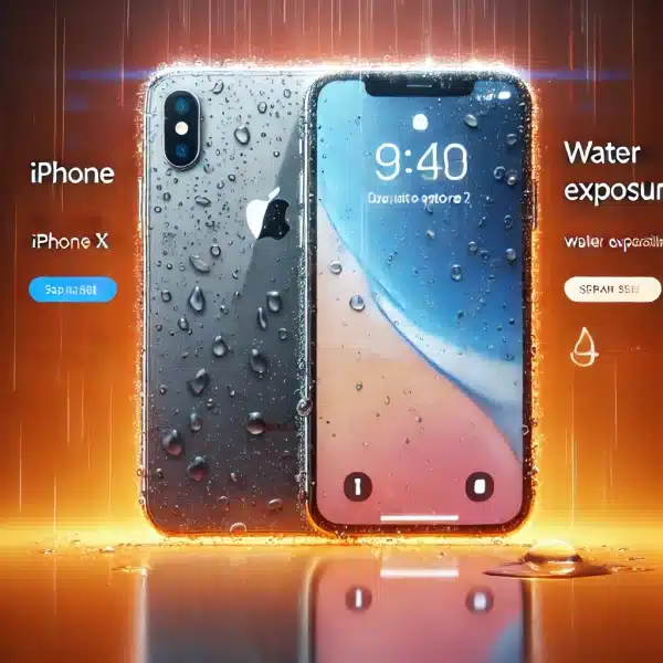 An iPhone X in the rain, indicating water exposure.